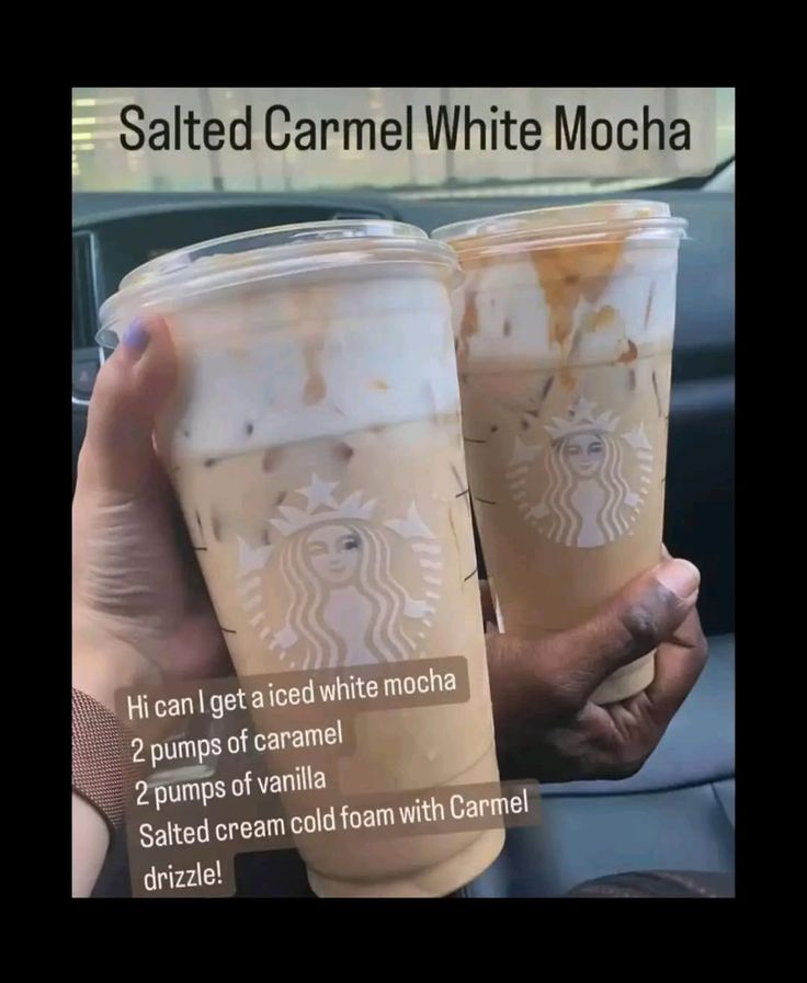 two cups of iced coffee in their hands with information about how to get them from starbucks