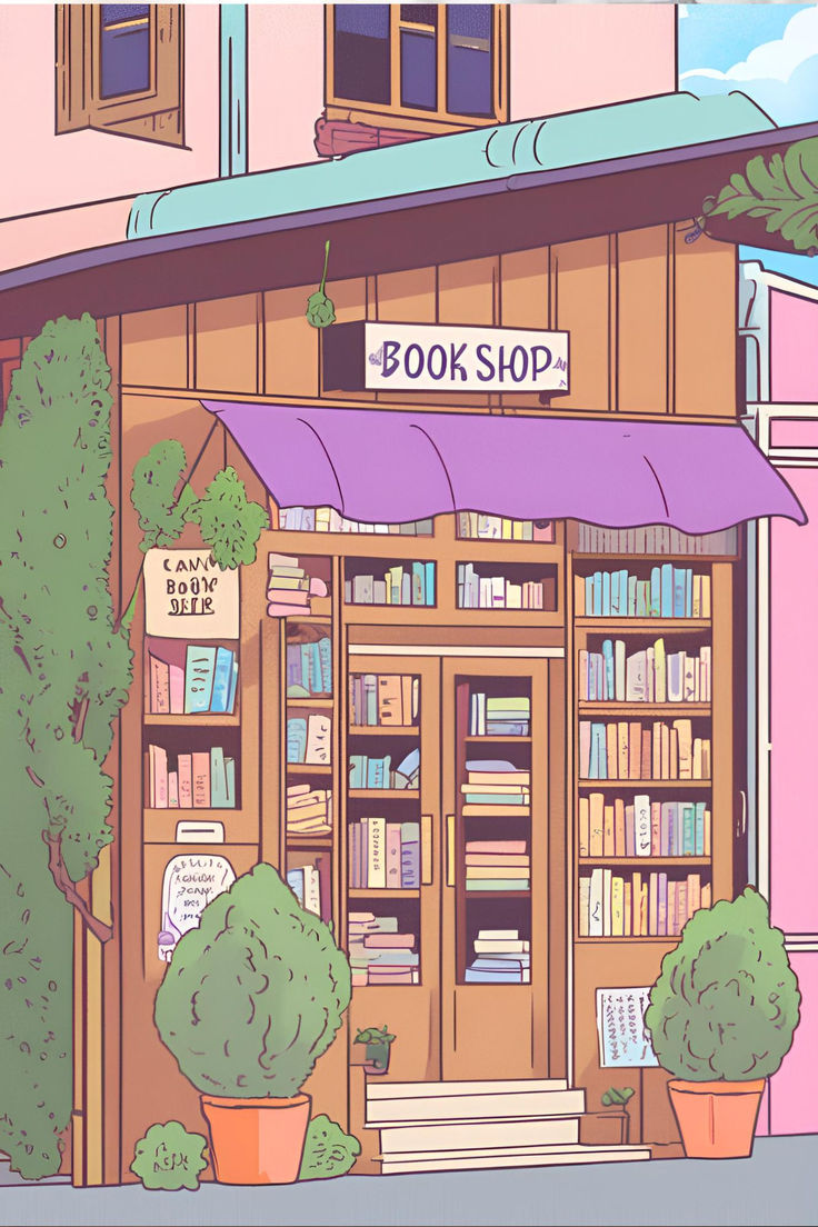 a book shop with potted plants and books on the front door is painted in pastel colors