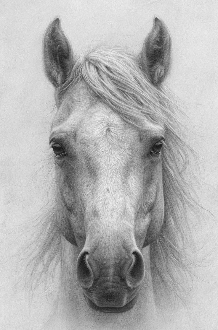 a black and white photo of a horse's head with long hair blowing in the wind