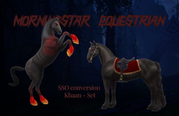 two horses standing next to each other in the woods at night with text reading morning star equestrian sso convention khan - set