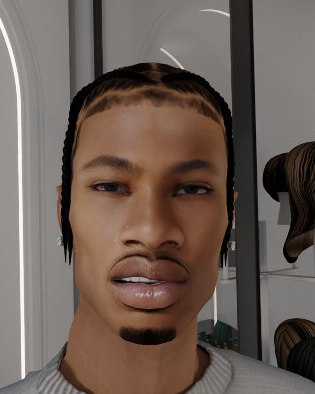 an animated image of a man with braids on his head and nose, looking at the camera