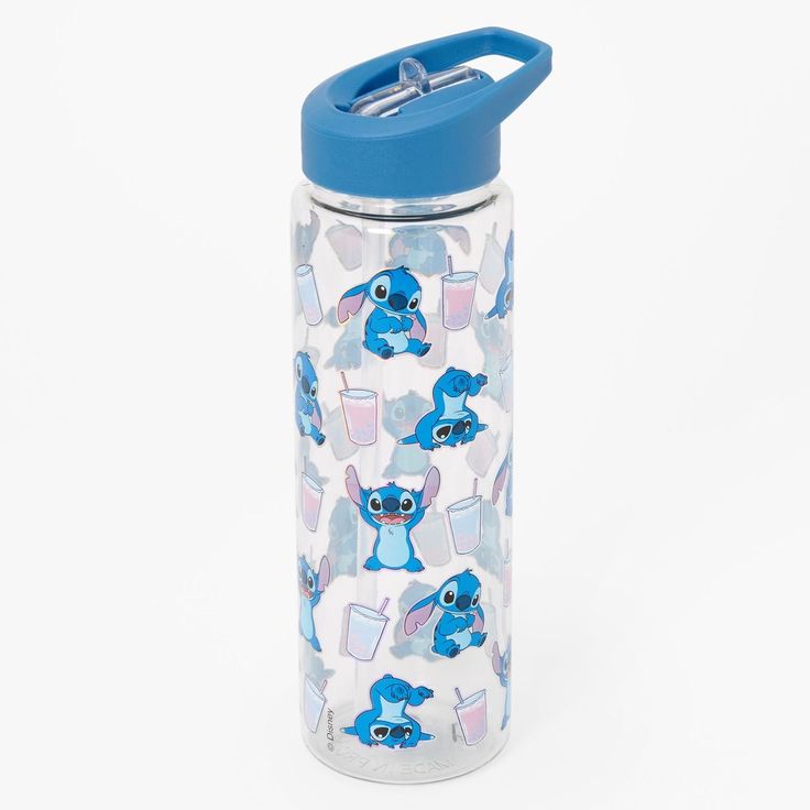 a blue and white water bottle with stitching on the lid, sitting against a white background