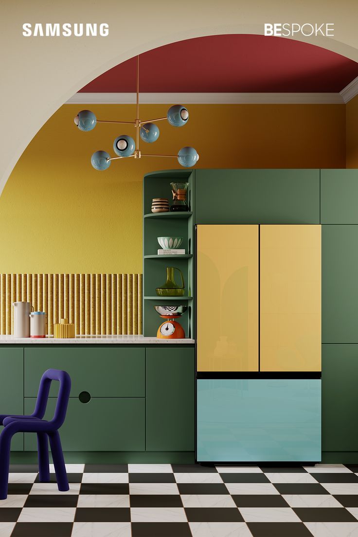 an image of a kitchen setting with blue and yellow chairs on the floor in front of green cabinets