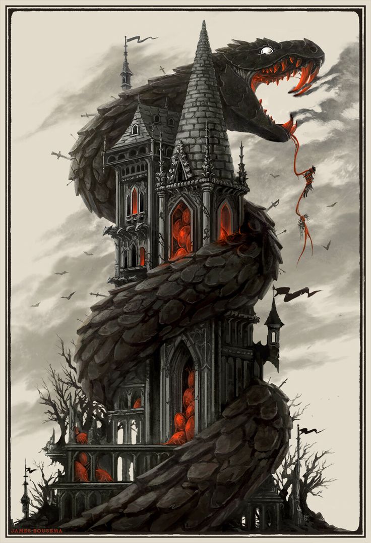 an illustration of a castle with a dragon on it's roof and red flames coming out of the windows