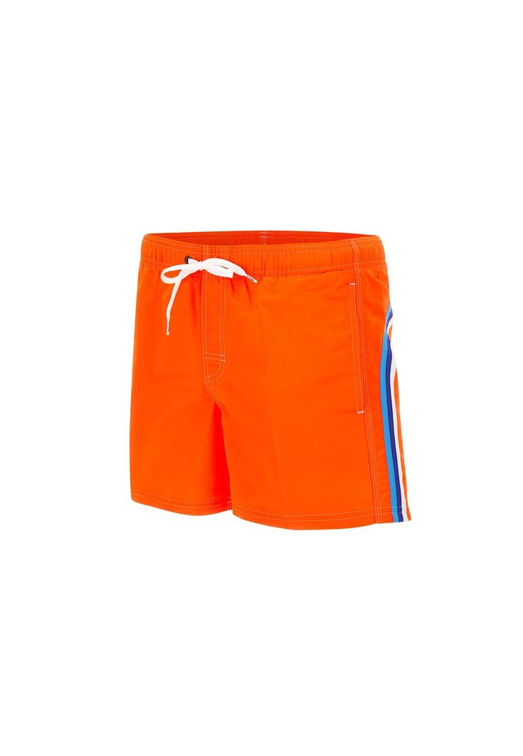 Sundek 'Boardshort' men's swimsuit, fluo orange, contrasting color profiles, low elastic waist with night-white drawstring and logoed ends, two side welt pockets, one back pocket with velcro and applied logo patch, regular fit. Composition: 100% Poliammide Surf Brands, John Lobb, Burberry Hat, Color Profile, Board Shorts, Jeans Pants, Welt Pocket, Patch Logo, Elastic Waist