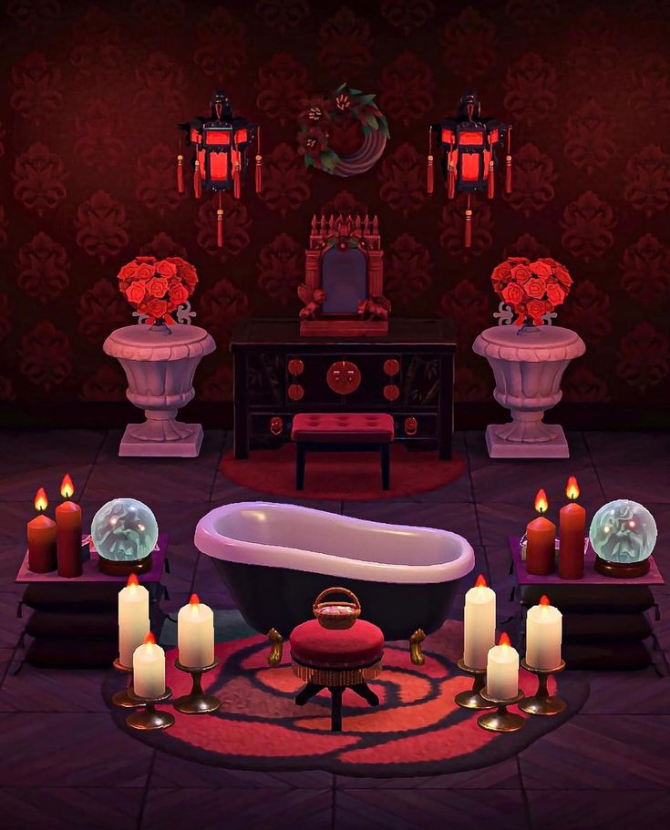 an animated bathroom with candles on the floor and a bathtub in front of it