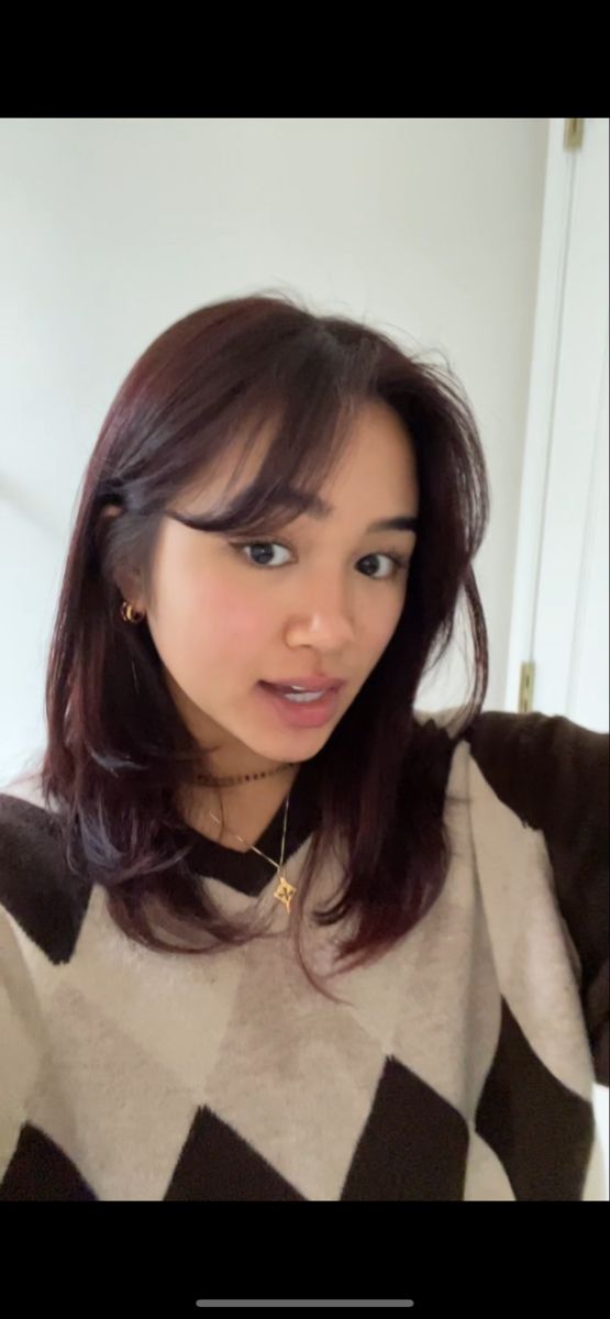 Red Hair Tint On Black Hair, Black Cherry Hair Color On Brown Skin, Hair Color Ideas Round Face, Dark Auburn Shoulder Length Hair, Black Cherry Hair On Black Women, Burgundy Brown Hair Short, Dark Cherry Brown Hair Short, Red Tint Black Hair, Maroon Tinted Hair