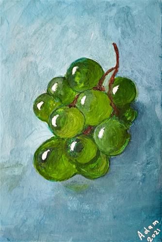 a painting of green grapes on a blue background