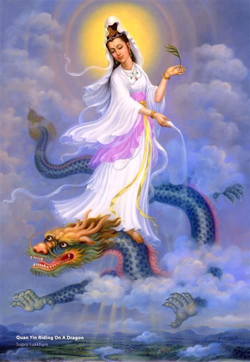 a painting of a woman holding a staff on top of a dragon in the sky