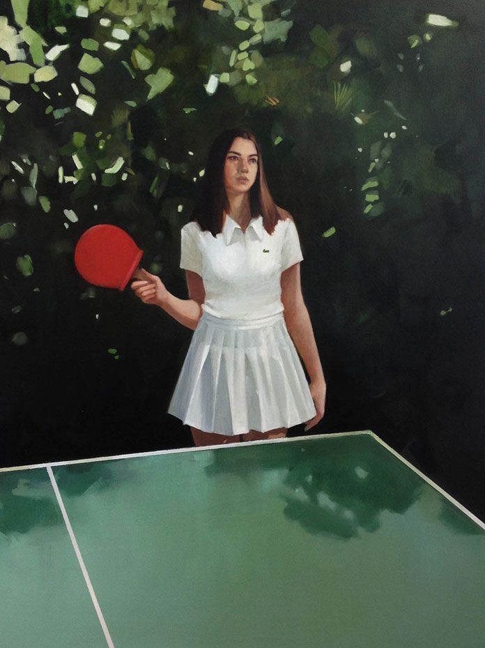 a painting of a woman holding a tennis racquet on top of a table