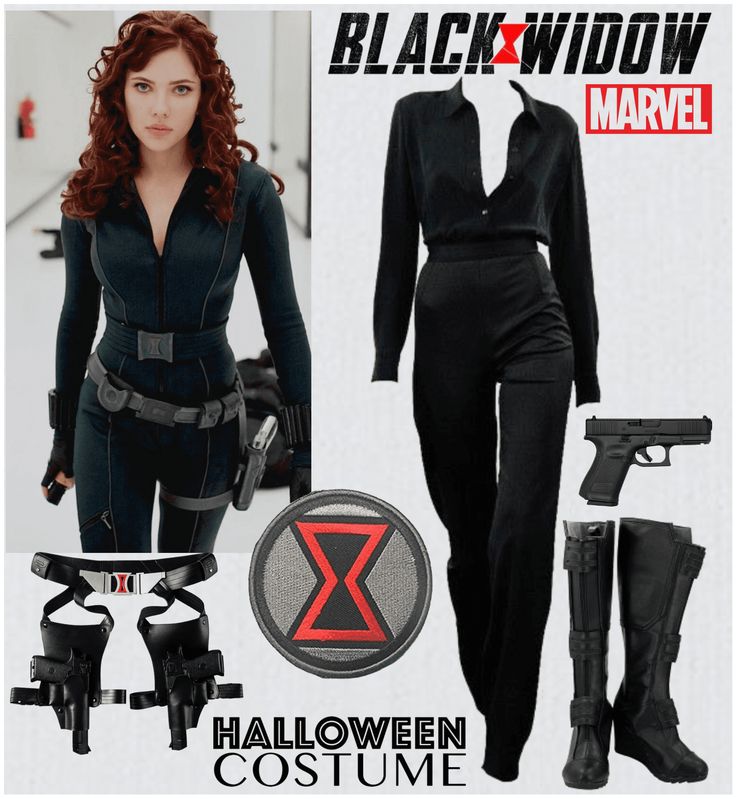 the black widow costume is shown with accessories