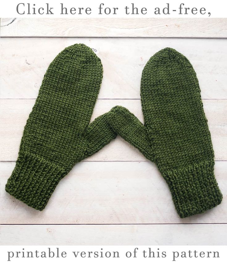 two green knitted mittens sitting on top of a white wooden floor with text overlay that reads, click here for the ad - free printable version