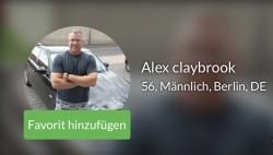 a man standing in front of a car with the words alex claybrok 56, maintich, berlin, de