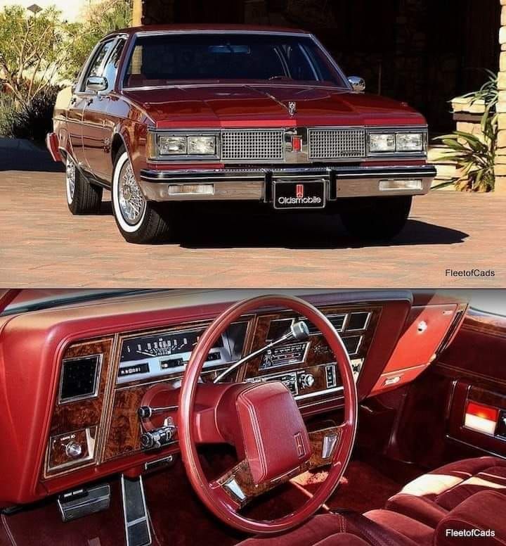 the interior and dashboard of an older model car, before and after being painted red