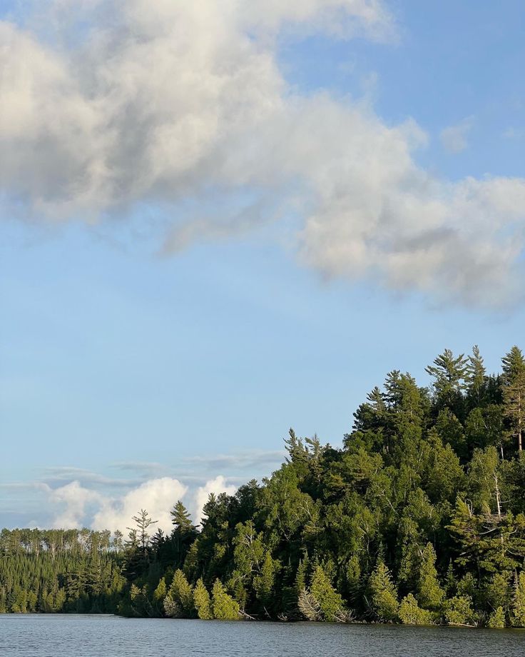 a boat floating on top of a lake surrounded by forest under a cloudy blue sky