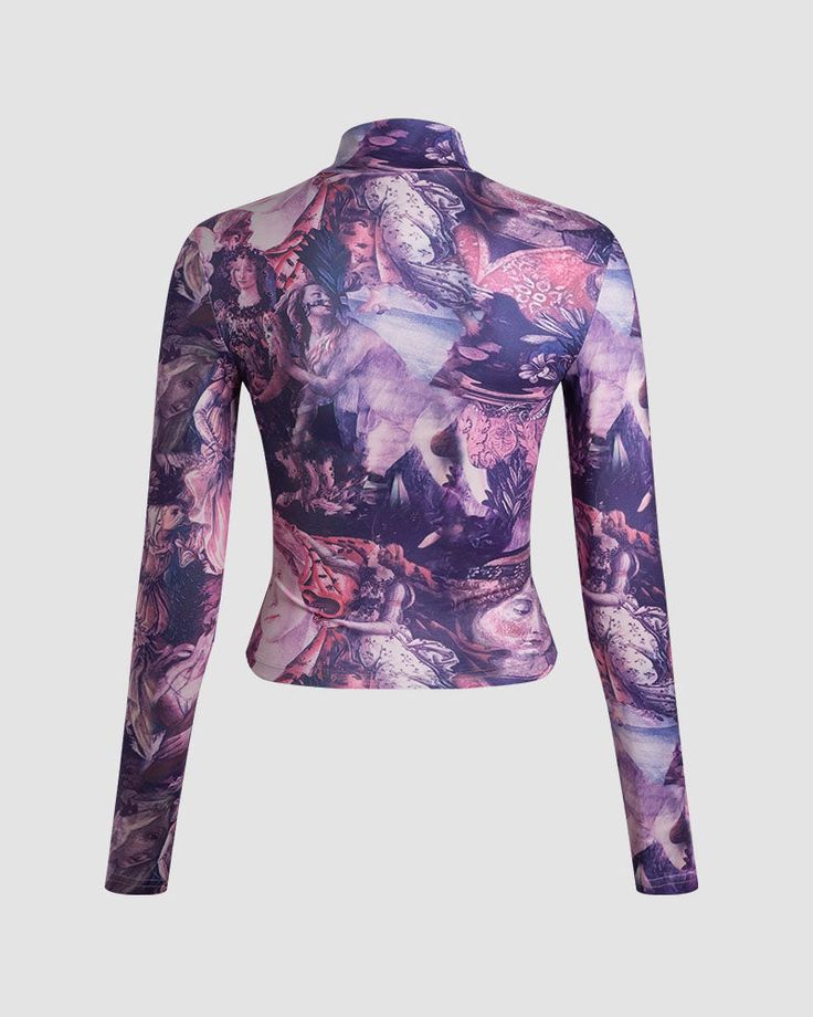 Details: Long-sleeve top with Renaissance graphical designTop Length: NormalSleeve Length: Long SleevesMaterials:95% Polyester + 5% Spandex Fitted Printed Top For Spring, Trendy Fitted Tops With All Over Print, Purple Fitted Top For Fall, Fitted Purple Tops For Fall, Fitted Top With All Over Print For Spring, Fitted Fall Purple Tops, Fitted Tops With All Over Print For Spring, Stretch Long Sleeve Printed Tops, High Stretch Long Sleeve Top With Graphic Print