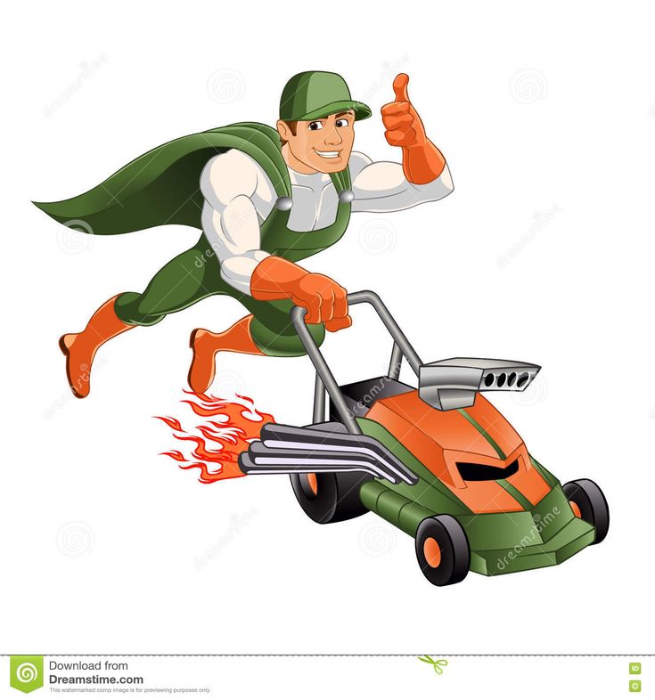 a cartoon lawn mower with an image of a man riding on it and giving the thumbs