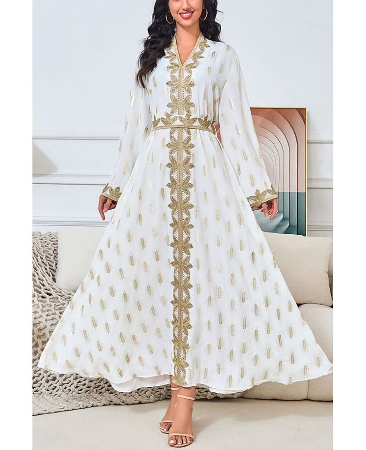 Get 10% off now! Buy white with gold vneck embroidered kaftans abaya dress for women at cheap price online. Free stable shipping and pro custom service since 2009. Elegant White V-neck Kaftan, Elegant White V-neck Thobe, Festive Embroidered V-neck Thobe, Elegant Embroidered V-neck Kaftan, Traditional White V-neck Maxi Dress, White Floor-length Dress With Gold Embroidery, Traditional Gold Maxi Dress For Eid, Festive V-neck Embroidered Abaya, White Dress With Gold Embroidery For Eid