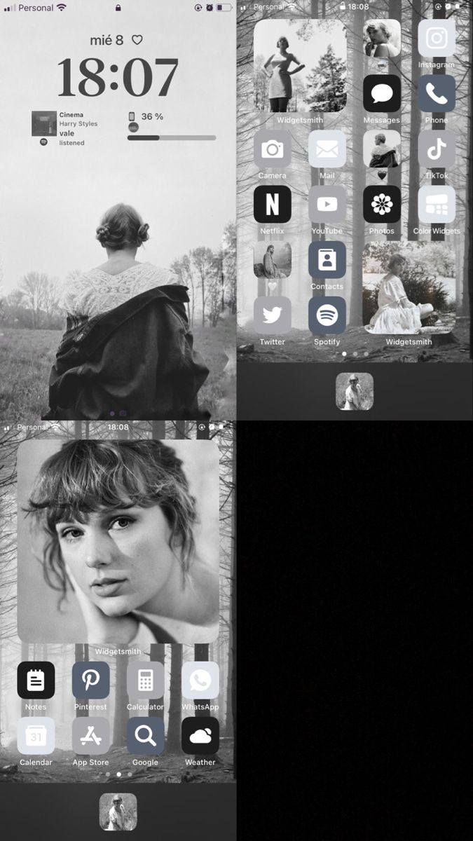 an iphone screen with different images and icons on it's side, including the image of a woman in a black dress