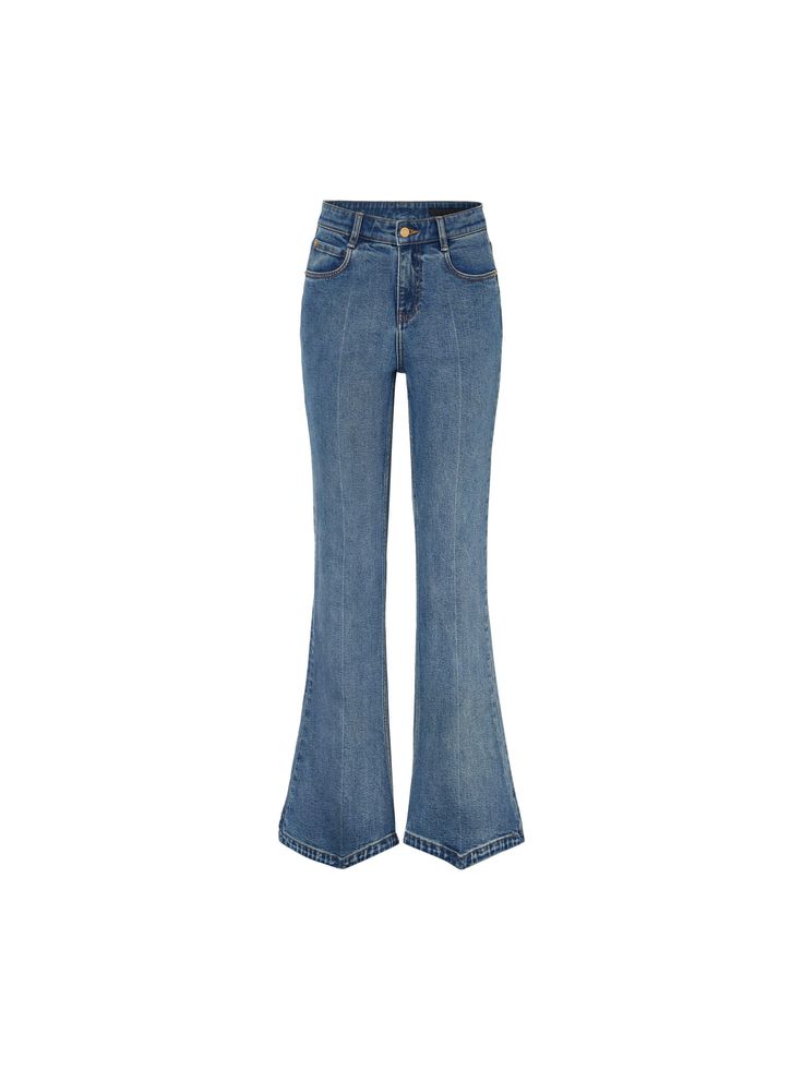 MO&Co. Women's Pointed Hem Flared Jeans Upgrade your denim game with our denim jeans. Made with comfortable and slightly stretchy cotton blend fabric, these jeans offer a flattering flared silhouette that hugs your curves in all the right places. The pointed hem adds a touch of vintage and modern style to any outfit. Features : - Slightly slim fit flared silhouette- Zip fly, five pocket design- Pointed Hem details Code: MBD1JEN012The back length of size M/27 is 108.5cmMATERIALS & CARE Material: Flare Cropped Jeans With Five Pockets In Denim Blue, Flare Cropped Jeans With Five Pockets, Denim Blue Flare Jeans With Five Pockets, Casual Cotton Denim Blue Flares, Casual Denim Blue Cotton Flares, Stretch Flare Jeans In Denim Blue, Stretch Flare Denim Blue Jeans, Stretch Wide Leg Flare Jeans In Denim Blue, Wide Leg Stretch Flare Jeans In Denim Blue