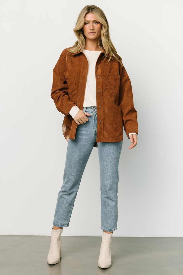 Elevate your fall fashion game with our corduroy shacket in the warm and trendy spice color. This versatile piece effortlessly blends the best of a shirt and a jacket, providing both style and comfort for a cozy yet fashionable look. Casual Corduroy Outerwear With Button Cuffs, Casual Brown Shacket With Buttoned Pockets, Fall Corduroy Outerwear With Patch Pockets, Fall Corduroy Outerwear With Pockets, Corduroy Outerwear With Patch Pockets For Fall, Corduroy Button-up Shacket With Buttons, Corduroy Button-up Outerwear With Buttoned Pockets, Corduroy Button-up Shacket, Button-up Corduroy Outerwear With Buttoned Pockets