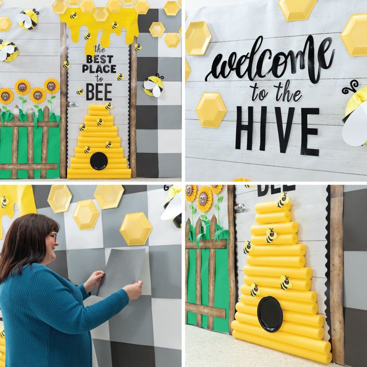 a collage of photos showing the process of making a beehive out of construction materials