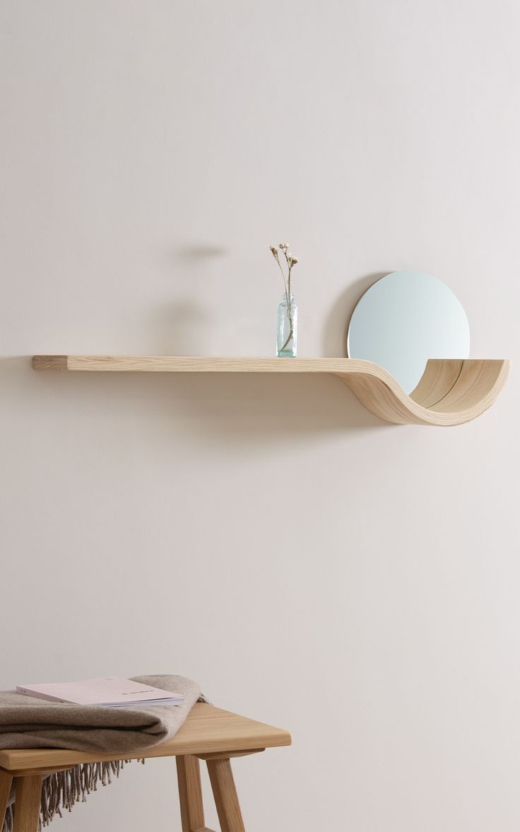 new esun shelf with mirror by tom raffield Shelf With Mirror, Bali Bedroom, Floating Mirror, Minimalist Bookshelves, Mounted Mirrors, Mid Century Modern Interior Design, Living Room Tv Unit Designs, Living Room Tv Unit, Bookshelf Design