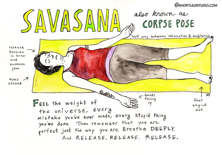 a drawing of a woman laying on a mat with words describing how she is doing yoga