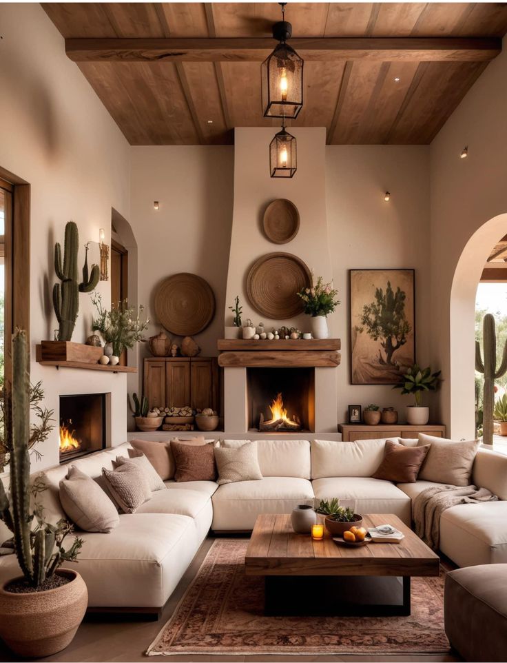 a living room filled with furniture and a fire place in the middle of it's wall