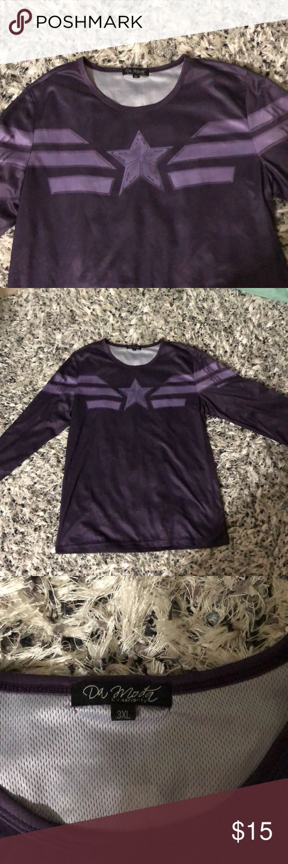 Super hero shirt NWOT Purpler Rogers super hero shirt! Never been worn. Size shows 3X but it fits like a men’s large. The fabric is similar to that of a work out shirt. It is very light. Da Moda Shirts Tees - Long Sleeve Fitted Long Sleeve Purple T-shirt, Purple Long Sleeve Top With Graphic Print, Purple Fitted Long Sleeve T-shirt, Super Hero Shirts, Guys Be Like, Super Hero, Work Out, Long Sleeve Tees, Tee Shirts