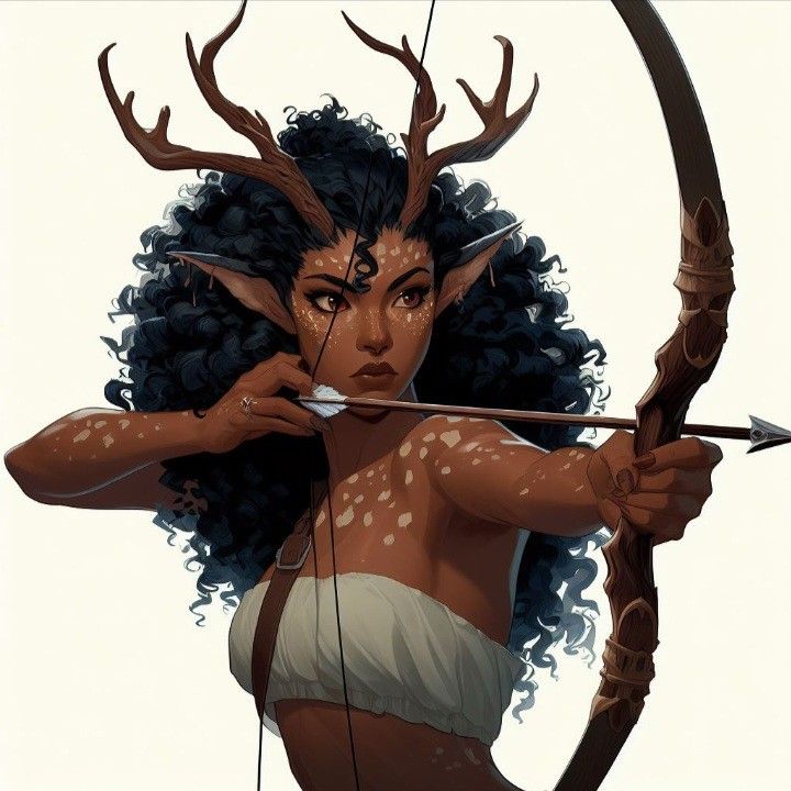 a drawing of a woman holding a bow and arrow with deer horns on her head