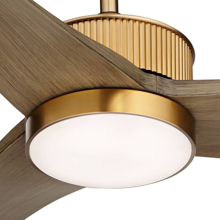 a ceiling fan that has a light on it and a wooden blade in the middle