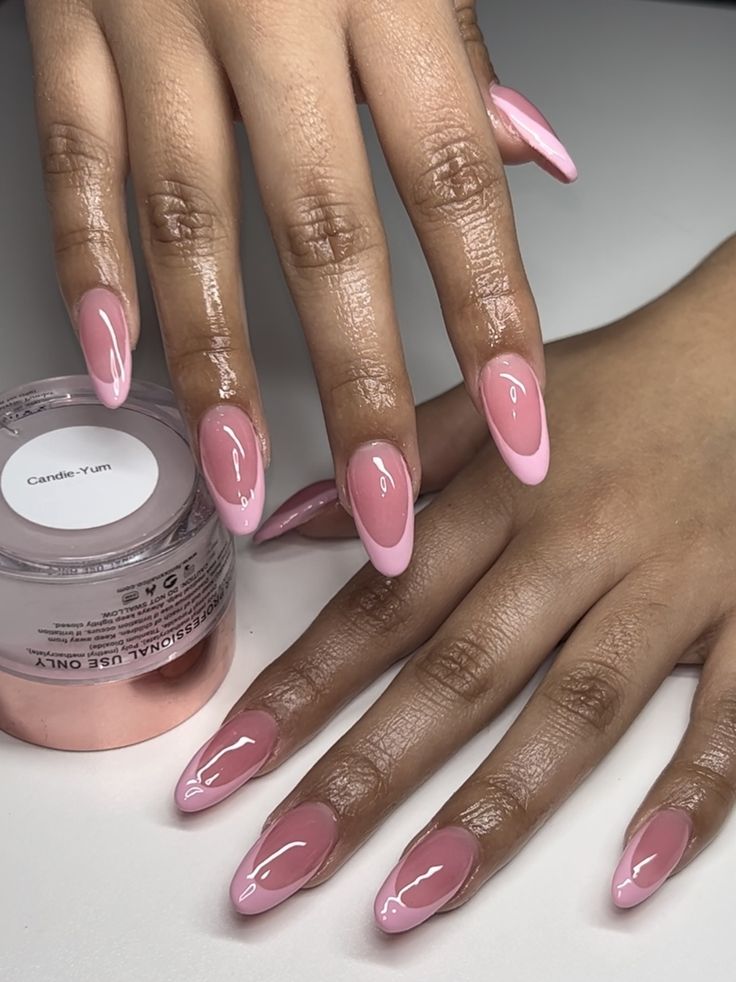 Jelly Pink French Nails, Pink Base Pink French Tip, Dark Pink French Tip Nails Almond, Pink Colored French Tip Nails, Almond French Tip Nails Pink Base, Oval Shape Acrylic Nails, Pink French Tip Nails With Pink Base, Deep Pink French Tip Nails, Pink Reverse French Nails