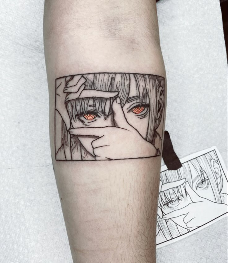 a man's arm with a tattoo on it that has an image of two people covering their eyes