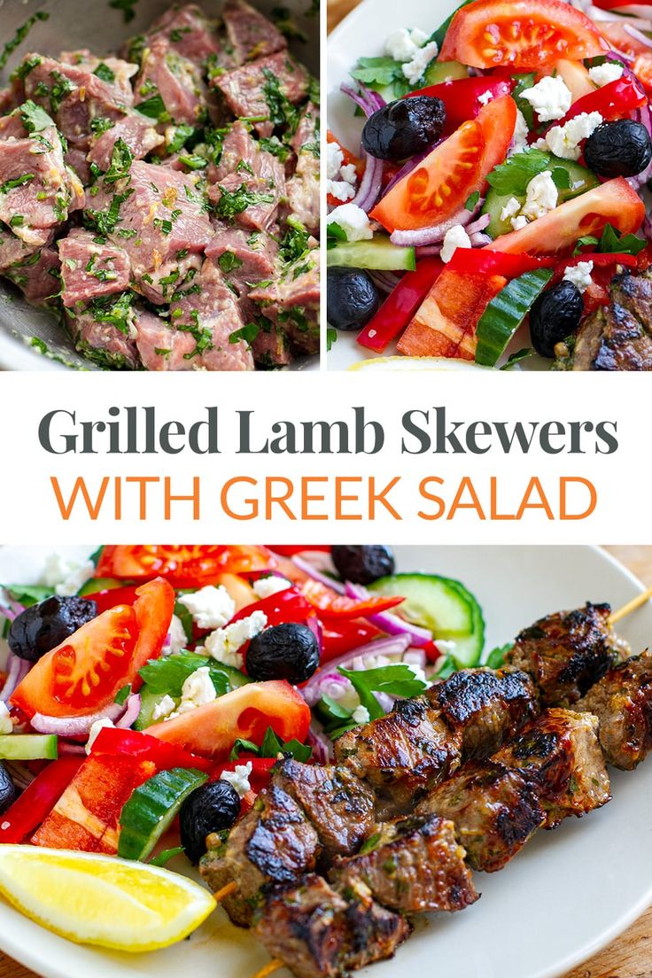 grilled lamb skewers with greek salad on a white plate and in the background