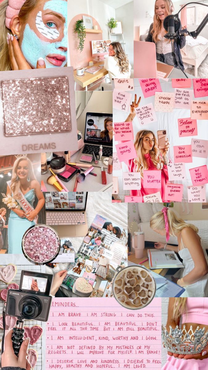 a collage of photos with pink and white makeup, hair accessories, and other items