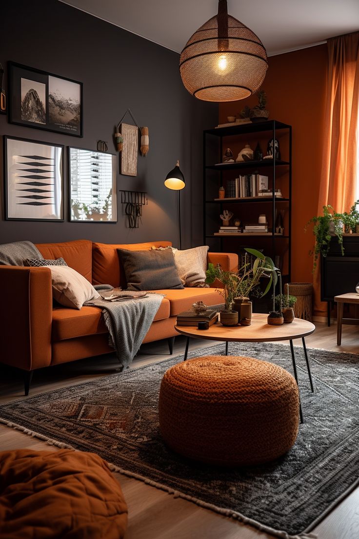 a living room with an orange couch, coffee table and potted plants in it