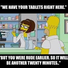 the simpsons character is talking to another person in front of a counter with bottles on it