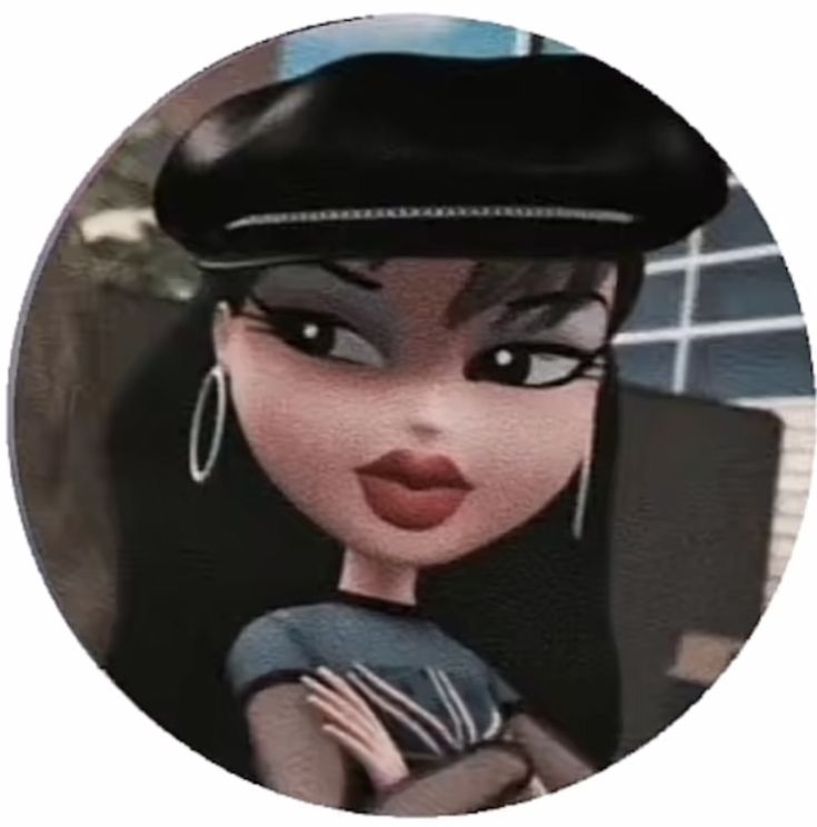 an animated image of a woman with black hair and big eyes, wearing a hat