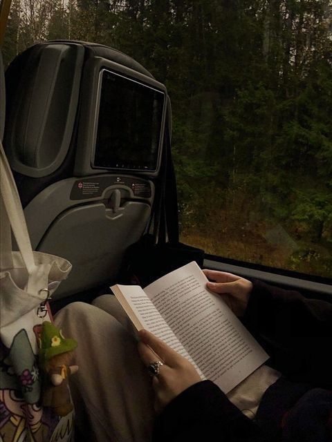 a person sitting in a vehicle reading a book