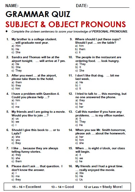 a printable exam question sheet with answers for subject and object pronouns