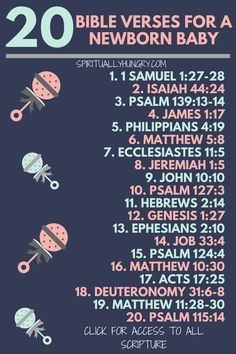 a poster with the words 20 bible verses for a newborn baby