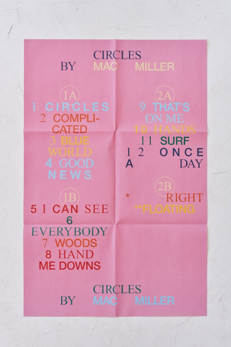 a pink poster with words and numbers on it that read circles, mac miller, 1 / 2