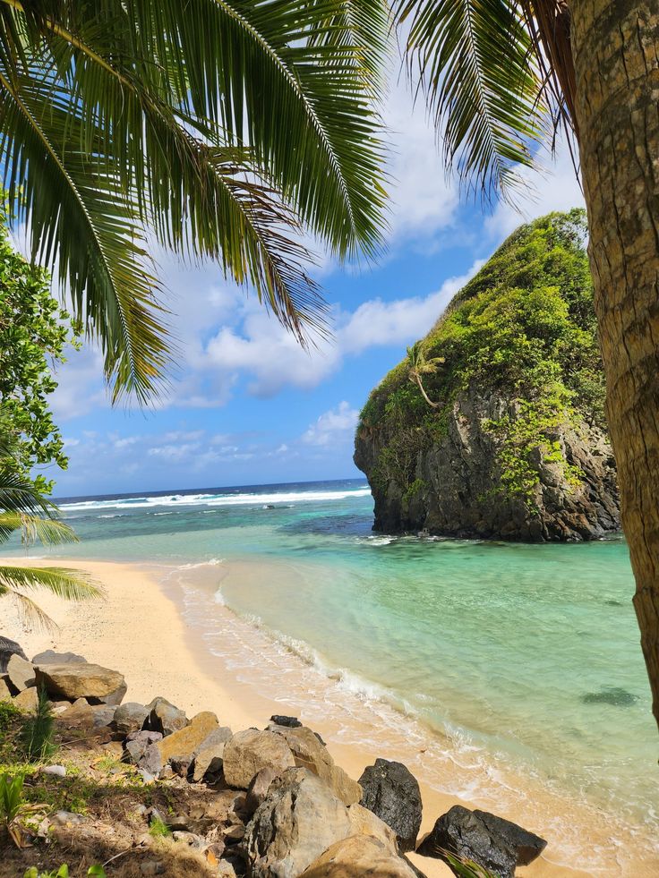 the beach is surrounded by palm trees and rocks