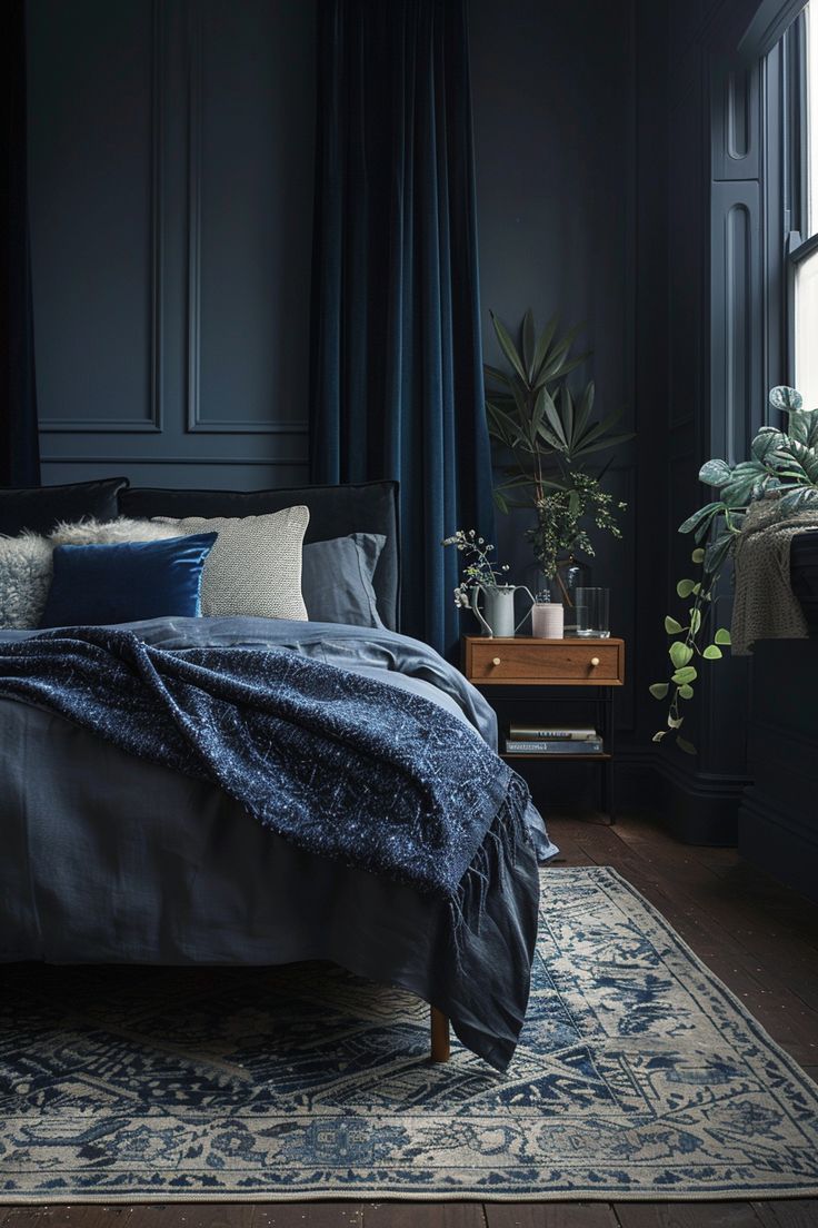 a bedroom with dark blue walls and furniture