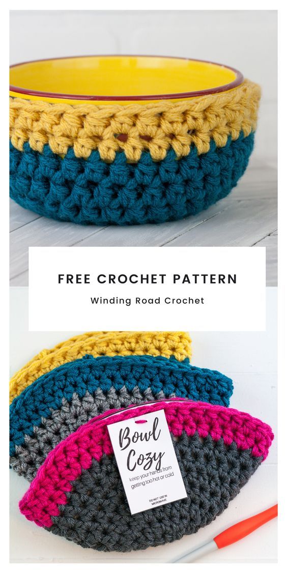 three crocheted bowls with the text free crochet pattern winding road crochet