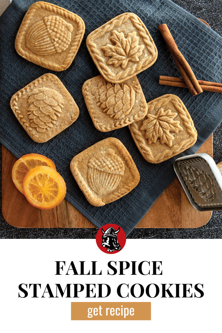 Fall Spice Stamped Cookies, get recipe! Six square stamped cookies with fall designs stamped into them on a blue napkin next to the pinecone design of the Nordic Ware Fall Forest Springerle Cookie Stamp. Surrounding the cookies there are orange slices and cinnamon sticks. Nordic Cookie Stamps, Shortbread Cookies Stamped, Best Cookie Recipe For Stamping, Best Cookies For Stamping, Cookie Recipes For Stamp Cookies, Cookie Dough For Stamped Cookies, Cookie Stamp Cookies, Brown Sugar Shortbread Cookies, Stamped Cookies Recipe Holidays