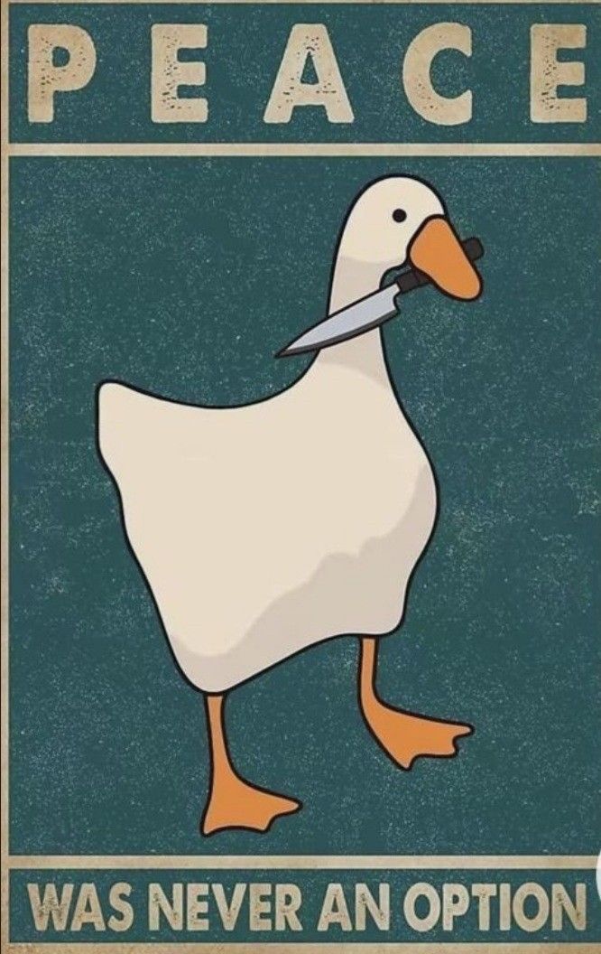 a duck with a scissor in it's beak and the words peace was never an option