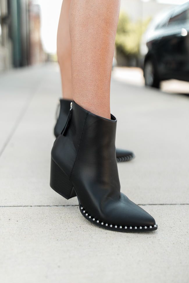 Details Black Studded Booties Faux Leather Fabric Pearl studded, back zipper closure Pair these booties with a cute skort or sweater dress! Heel height: 2.5" Shaft height: 5" Circumference: 10" Material and Care Made of man made materials Materials may have natural variations Colors may vary from different viewing devices. If you are returning a pair of shoes: Shoe boxes must be encased in another box for shipping to protect the items. If you send shoes back with stickers and return labels direc Concert Top, Halloween Trends, Pink Activewear, Short Maxi Dress, Red Romper, Pink Rompers, Blue Romper, Pink Jumpsuit, Red Jumpsuit