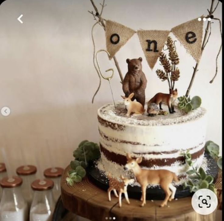 there is a cake with animals on it and bunting flags above the cake that says one